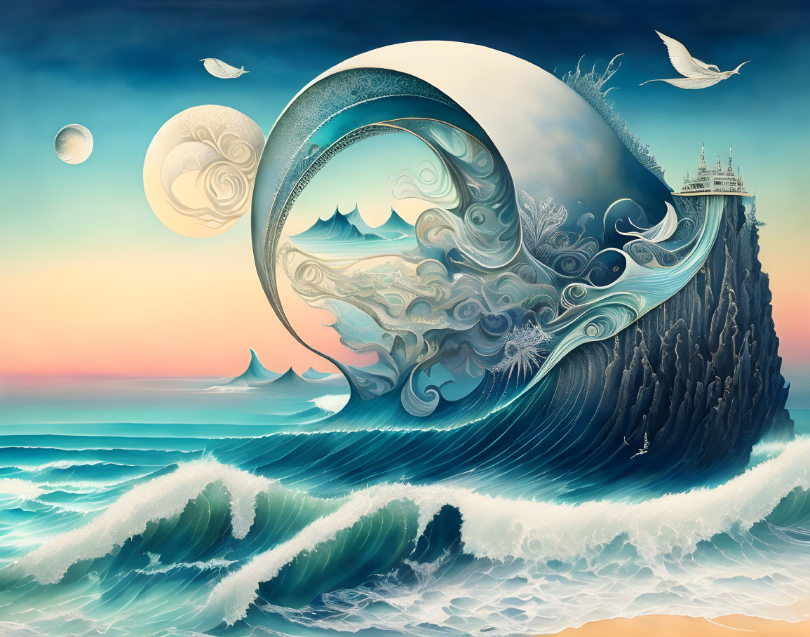 Surreal seascape with wave, cliff, buildings, birds, and moons