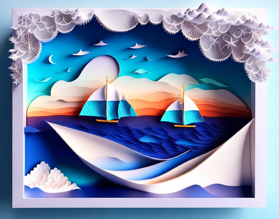 Colorful 3D paper art: Sailboats, sunset sky, coral, shells