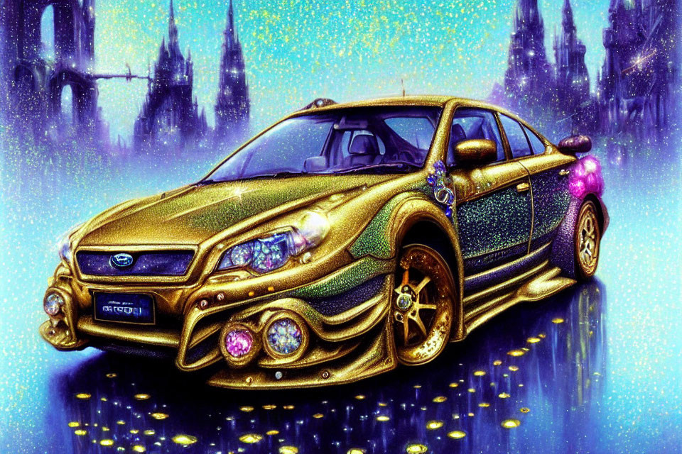 Fantasy-themed illustration of golden car with gems against mystical castle.