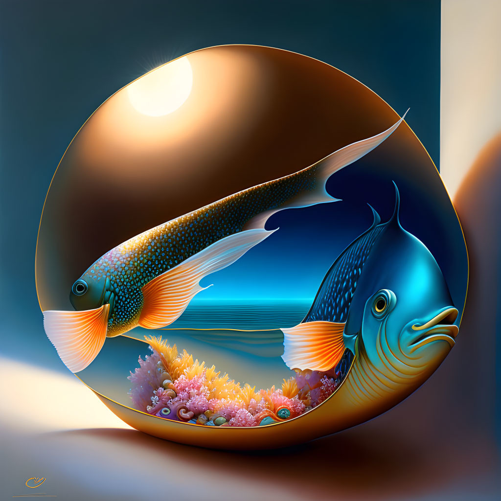 Stylized fish in circular aquatic scene with coral under glowing sun