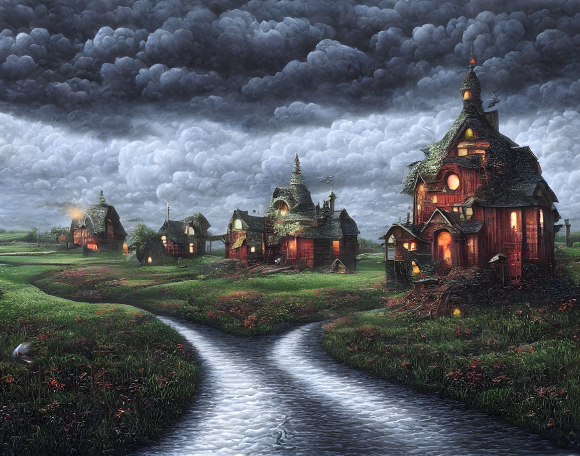 Twilight village scene with illuminated houses near winding stream