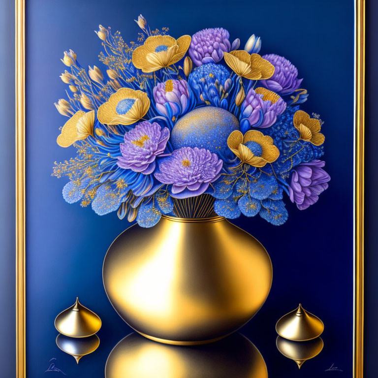 Golden vase with blue and gold flowers and diya lamps on dark blue background