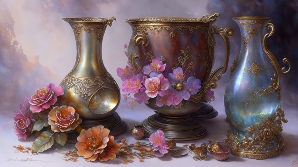 Ornate metal vases and floral motifs in elegant still life