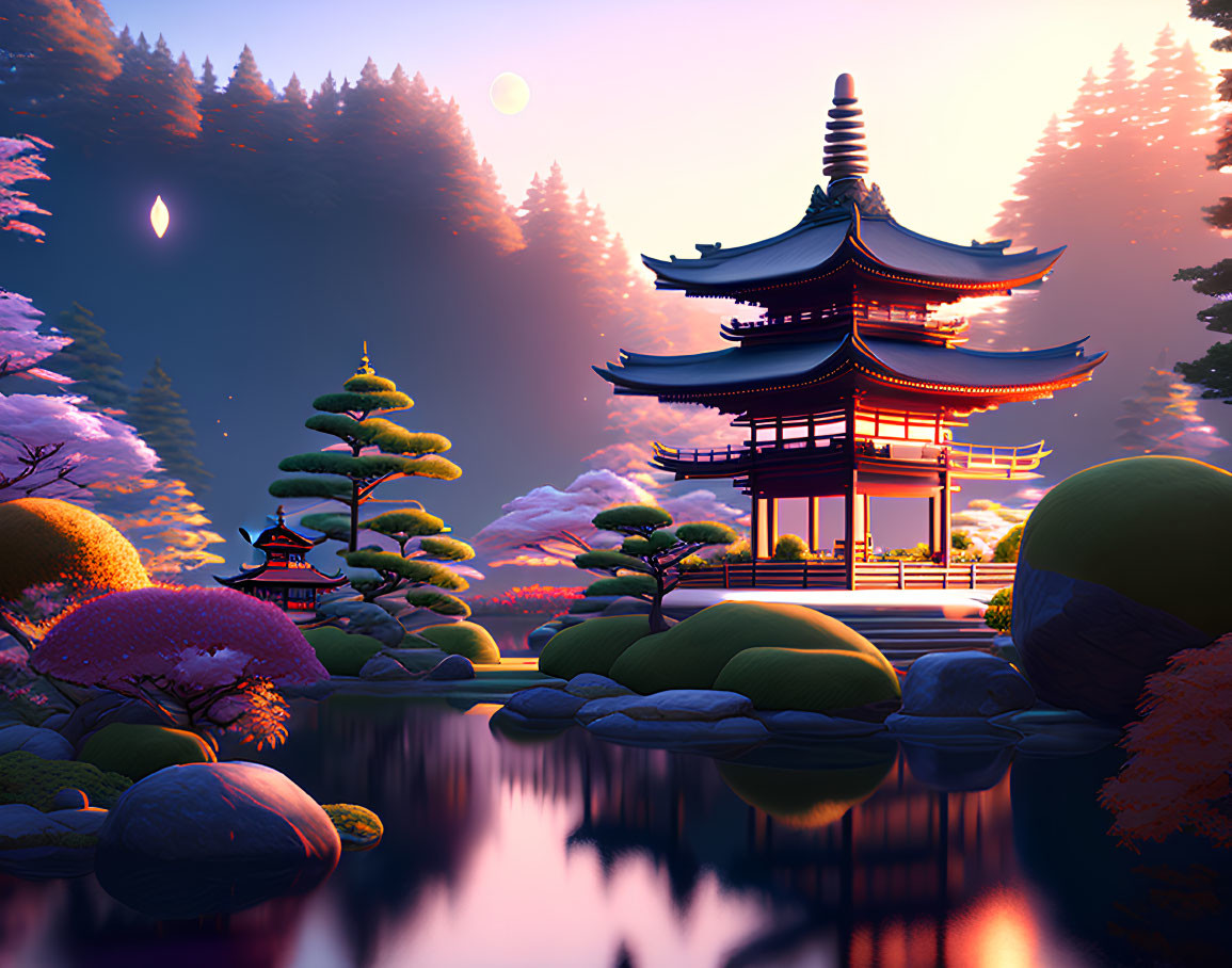 Tranquil Asian pagoda by serene lake at sunset