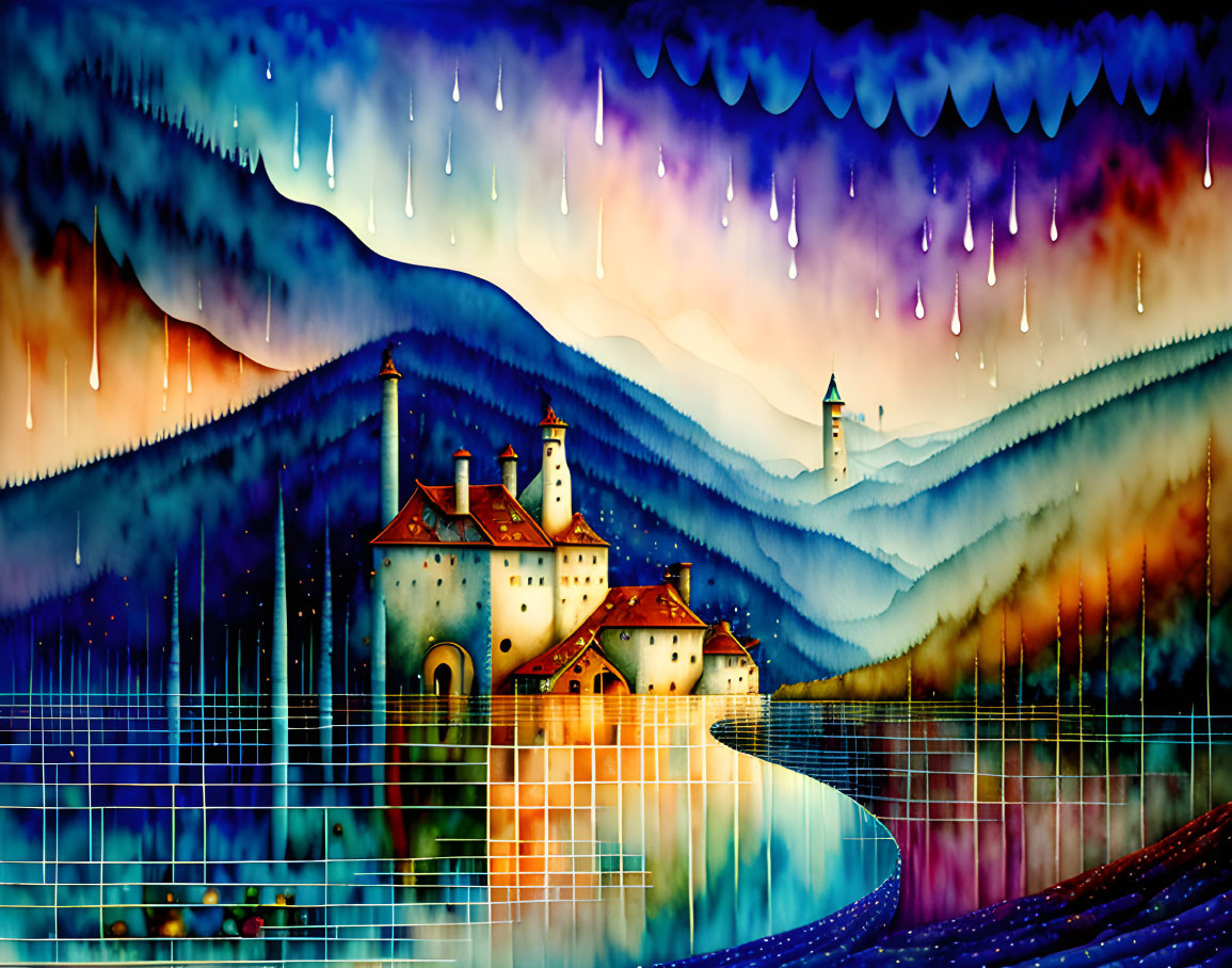 Colorful painting of castle by lake, mountains, and raindrops