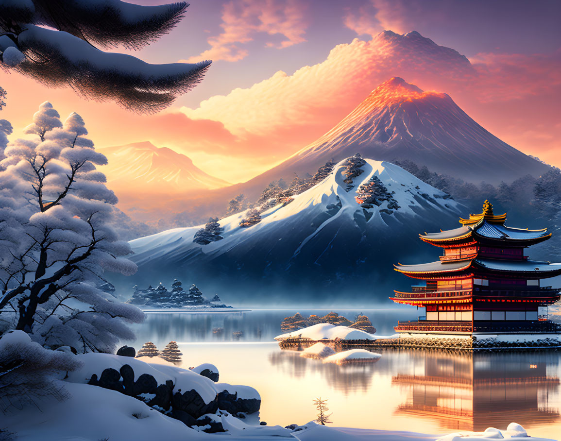 Winter pagoda reflection on lake with Mount Fuji at sunrise