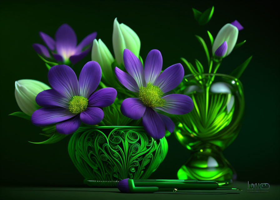 Vibrant purple and white flowers in ornate green vases on dark background with green pen