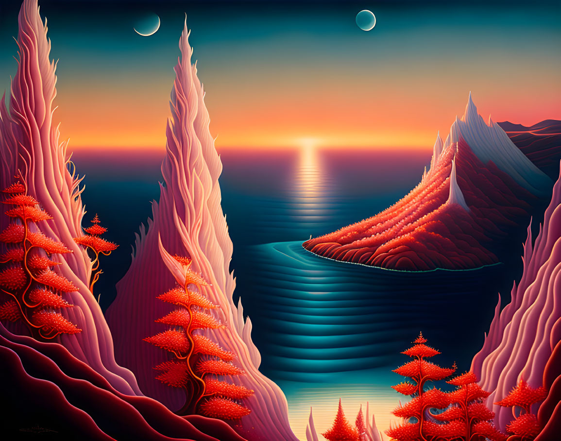 Surrealist landscape with fiery flora, blue hills, and dual moons