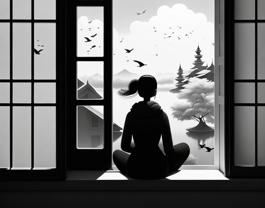 Person sitting by window gazes at serene landscape with birds, clouds, and traditional buildings