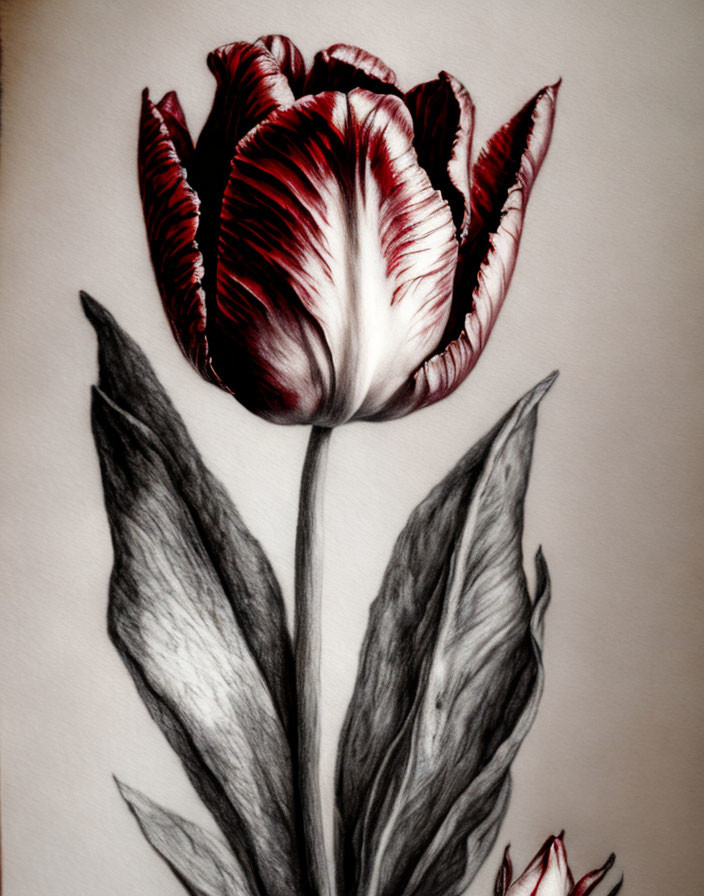 Detailed Pencil Sketch of Red and White Tulip with Lifelike Texture and Shading