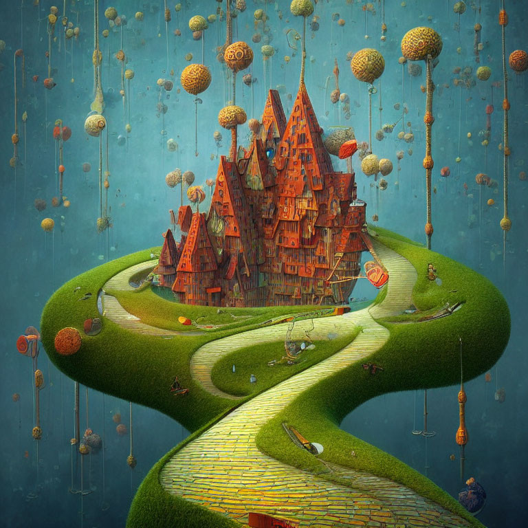 Fantasy landscape with orange-roofed castle, yellow brick road, floating islands, and blue sky