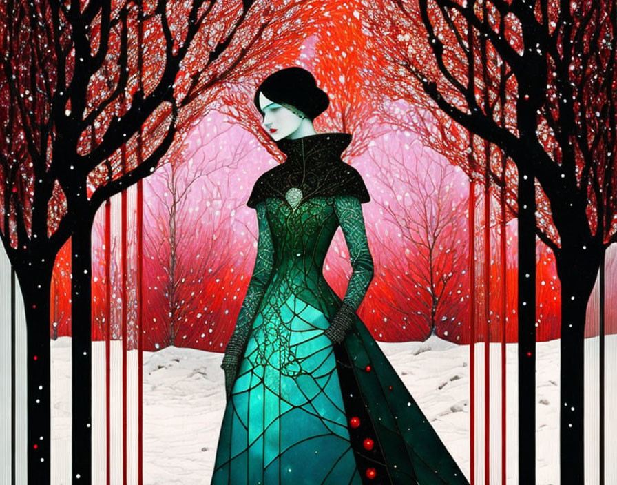 Illustration of woman in turquoise gown in whimsical forest