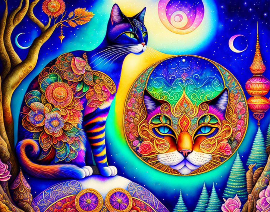 Colorful Stylized Cat Artwork Against Cosmic Background