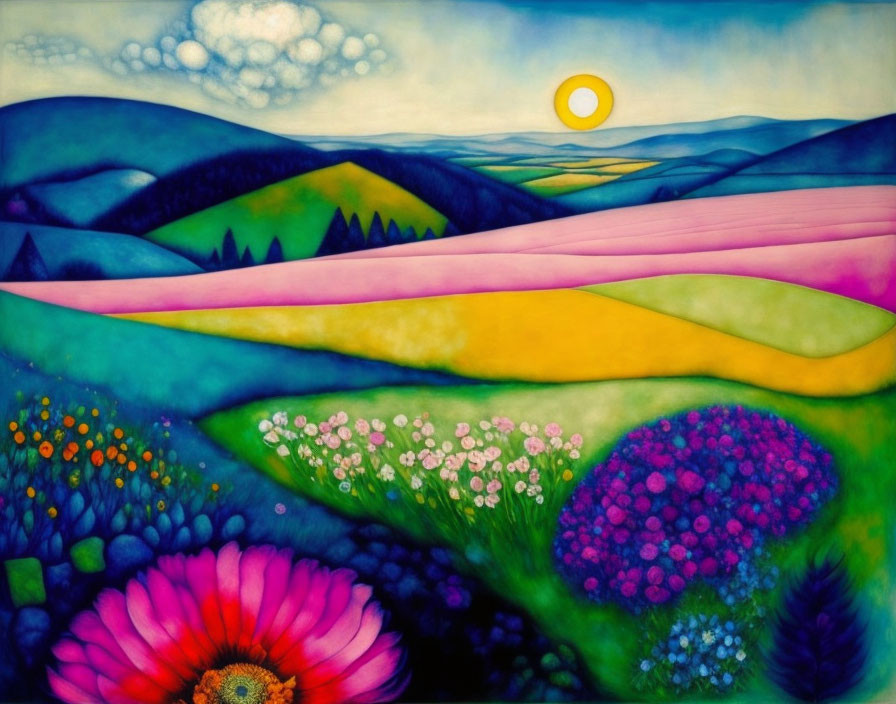 Colorful Landscape Painting with Rolling Hills and Sun