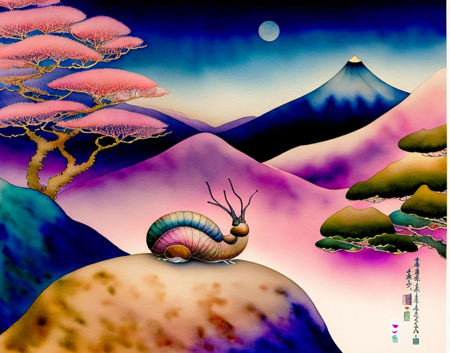 Colorful painting of snail in surreal landscape with purple hills and Mount Fuji under moonlit sky