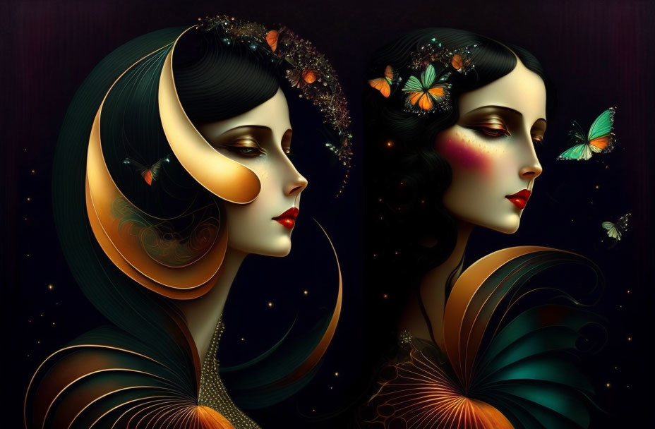 Stylized depiction of two women with butterflies on dark backdrop