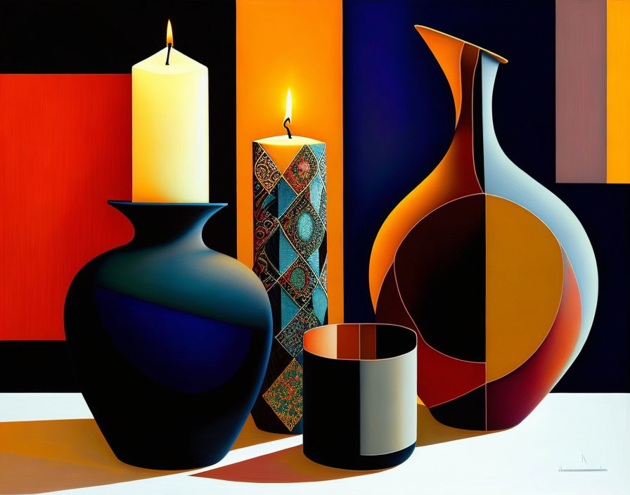 Colorful Still Life Painting with Black Vase, Candles, Book, Jug, and Geometric