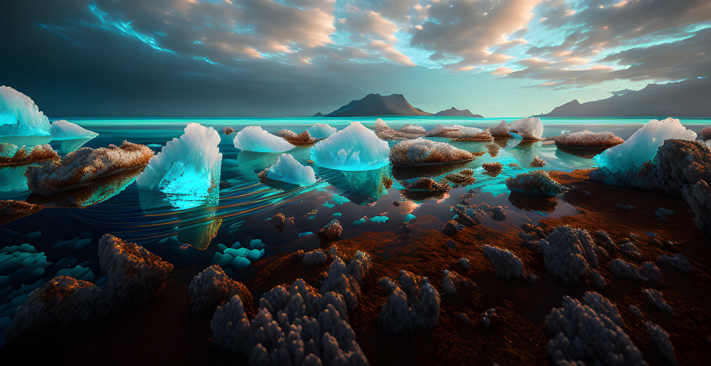 Glowing blue icebergs in serene landscape with dramatic sky at dusk