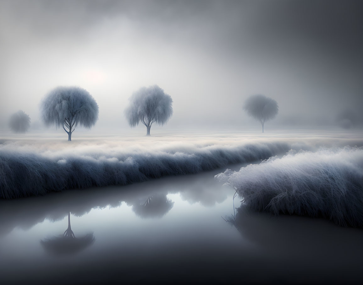 Sparse Trees in Frost-Covered Landscape Reflecting in Serene Water