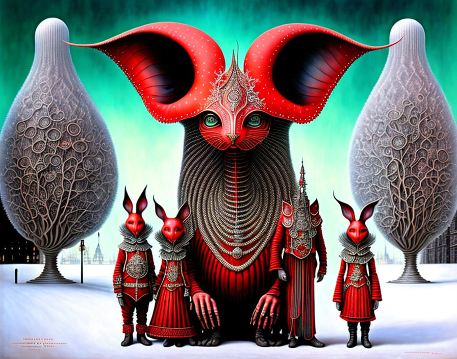 Surreal artwork: creatures in red masks and armor with fantasy cat on green backdrop