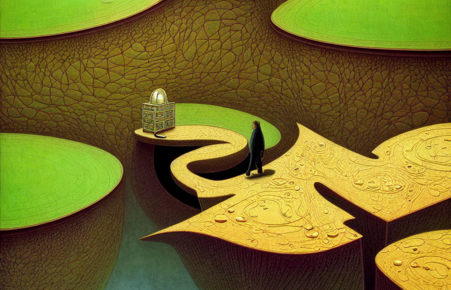 Surrealist illustration of figure on cracked landscape with floating islands and empty cage