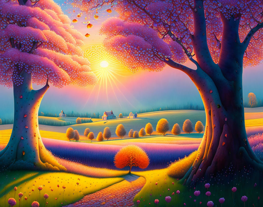 Colorful Landscape with Pink Trees, Sunset, Fields, and Path to Cottages