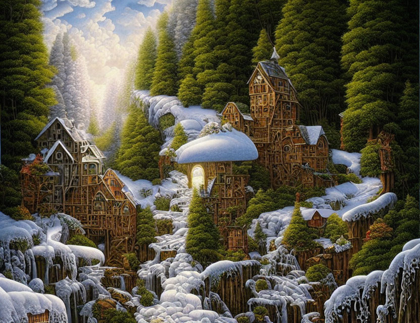 Snow-covered fantasy woodland with illuminated cottages nestled among frosted trees