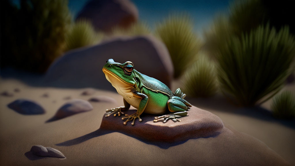 Green and Yellow Frog on Rock with Desert Background at Night