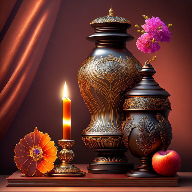 Elegant Still Life Composition with Vase, Candle, Flowers, Pot, and Apple