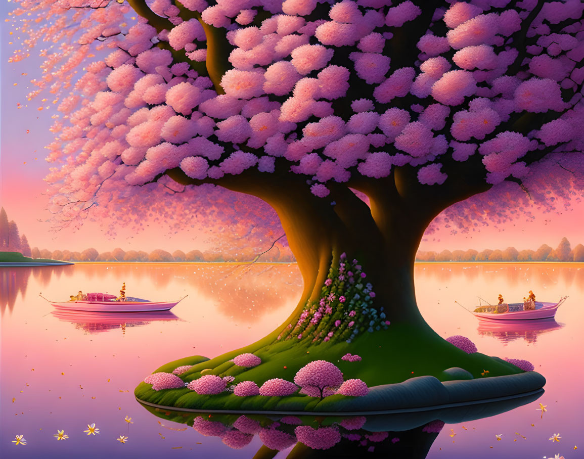 Colorful artwork: Huge pink tree by calm lake with boaters