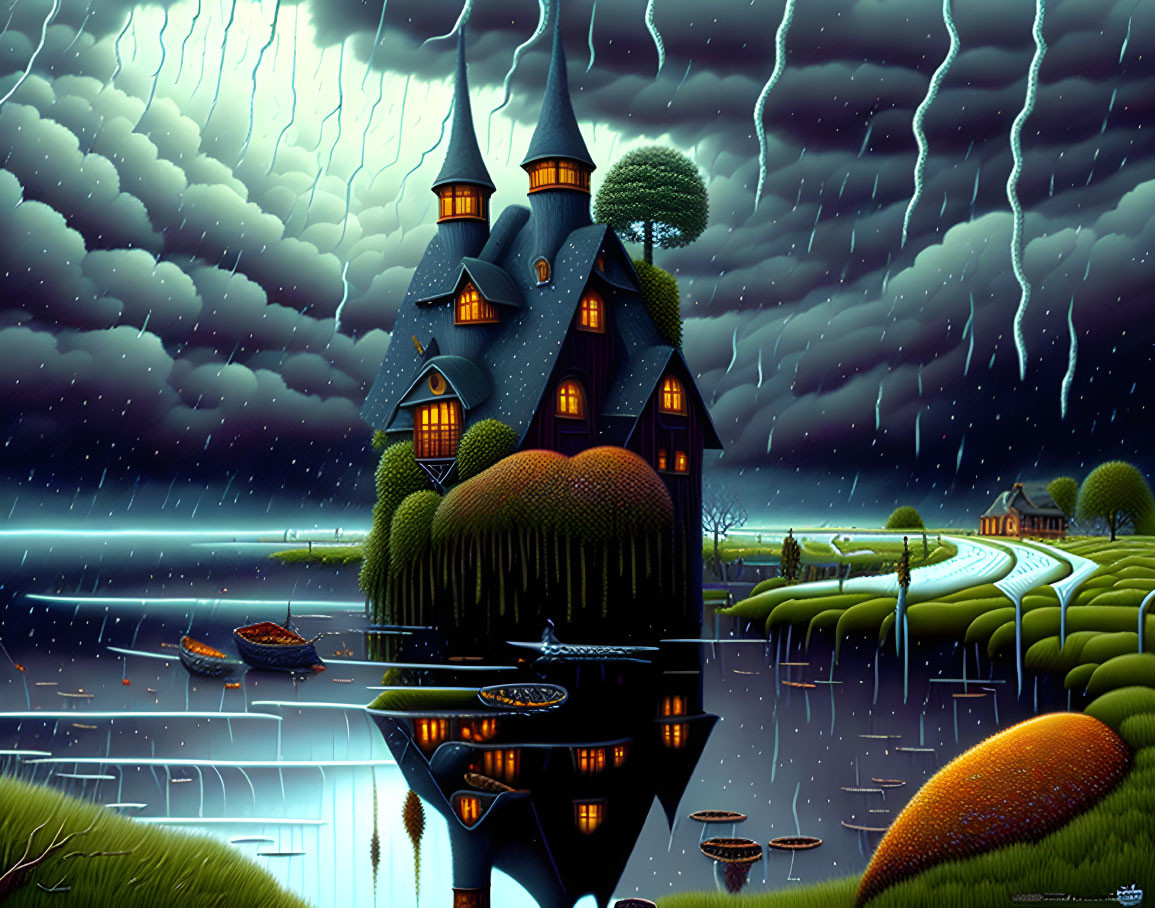 Whimsical house under stormy sky with lightning, water, and boats