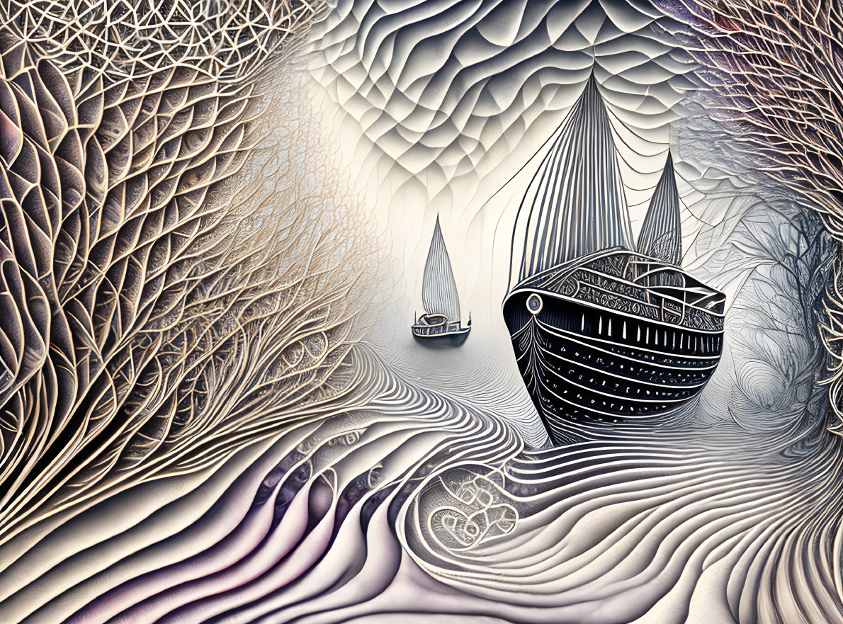 Surreal artwork featuring stylized ocean, boats, and intricate sky