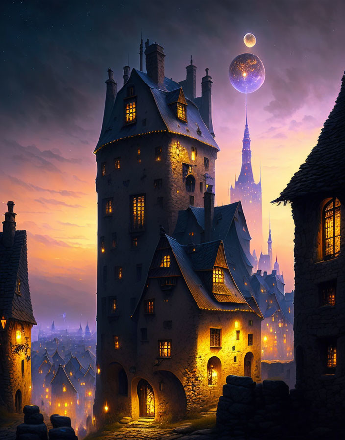 Medieval town at twilight with glowing lights and large moon