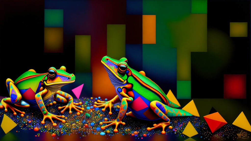 Colorful Digital Art Featuring Stylized Frogs and Geometric Patterns