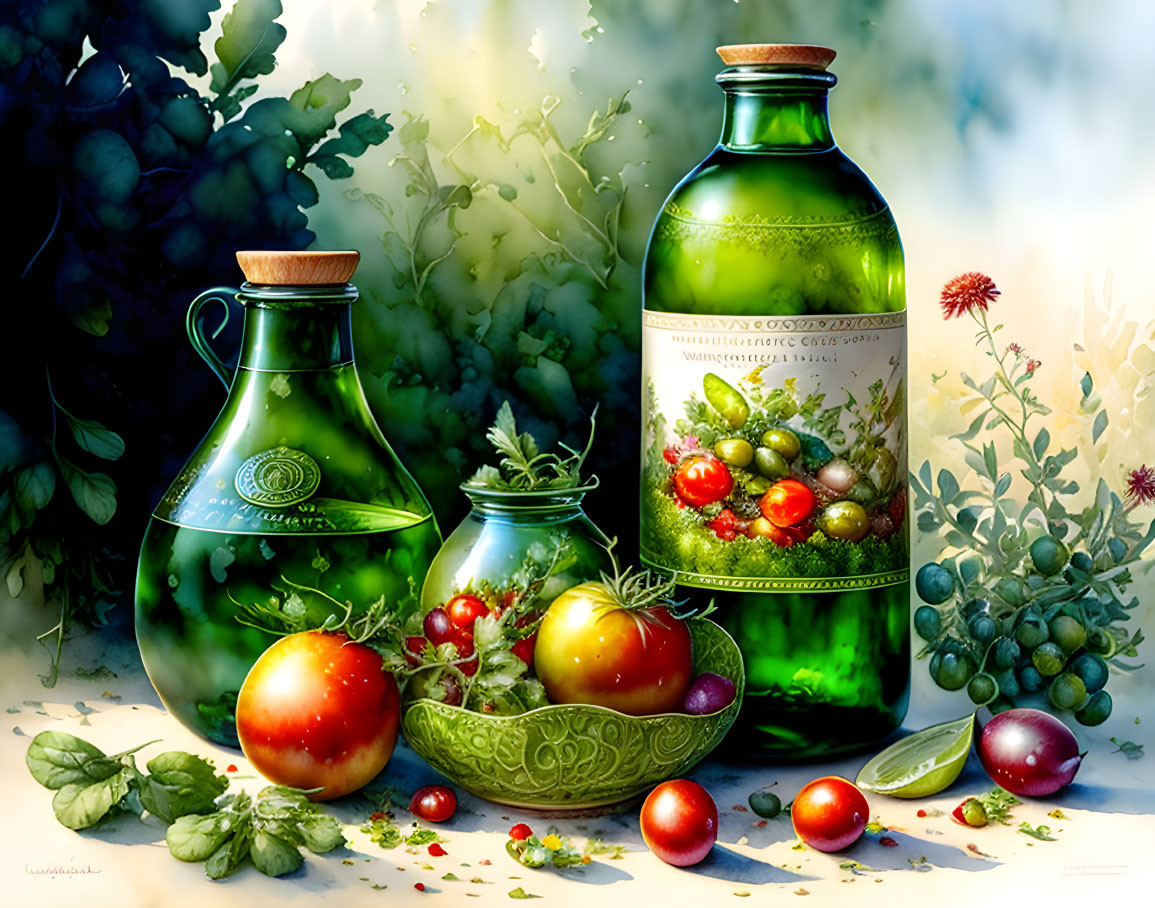 Colorful still-life with green bottle, tomatoes, herbs, and olives under sunlight.