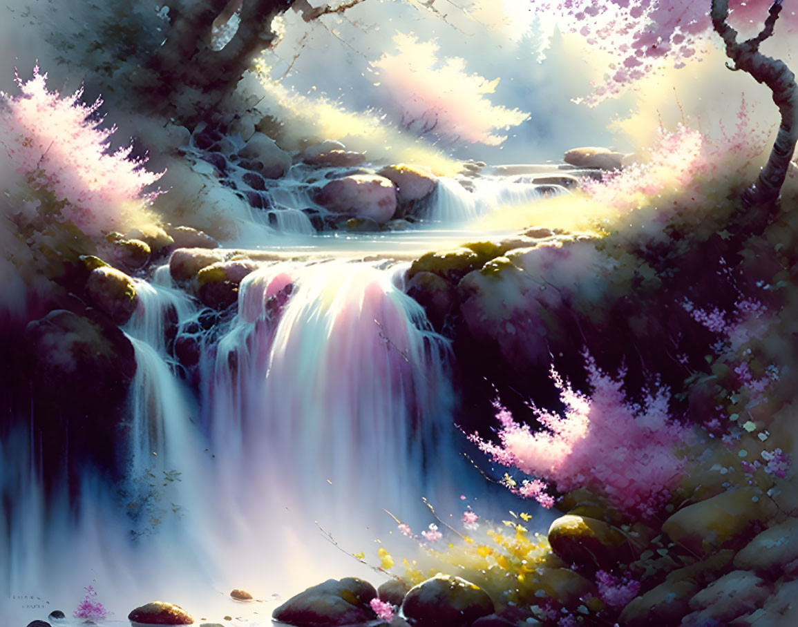 Tranquil Fantasy Waterfall with Pink Blossoms and Glowing Light