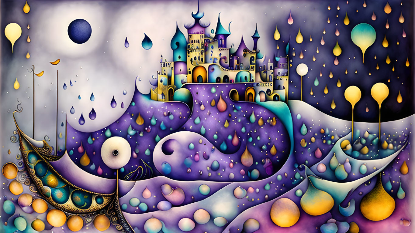 Colorful castle landscape with peacock boat and floating balloons under celestial sky