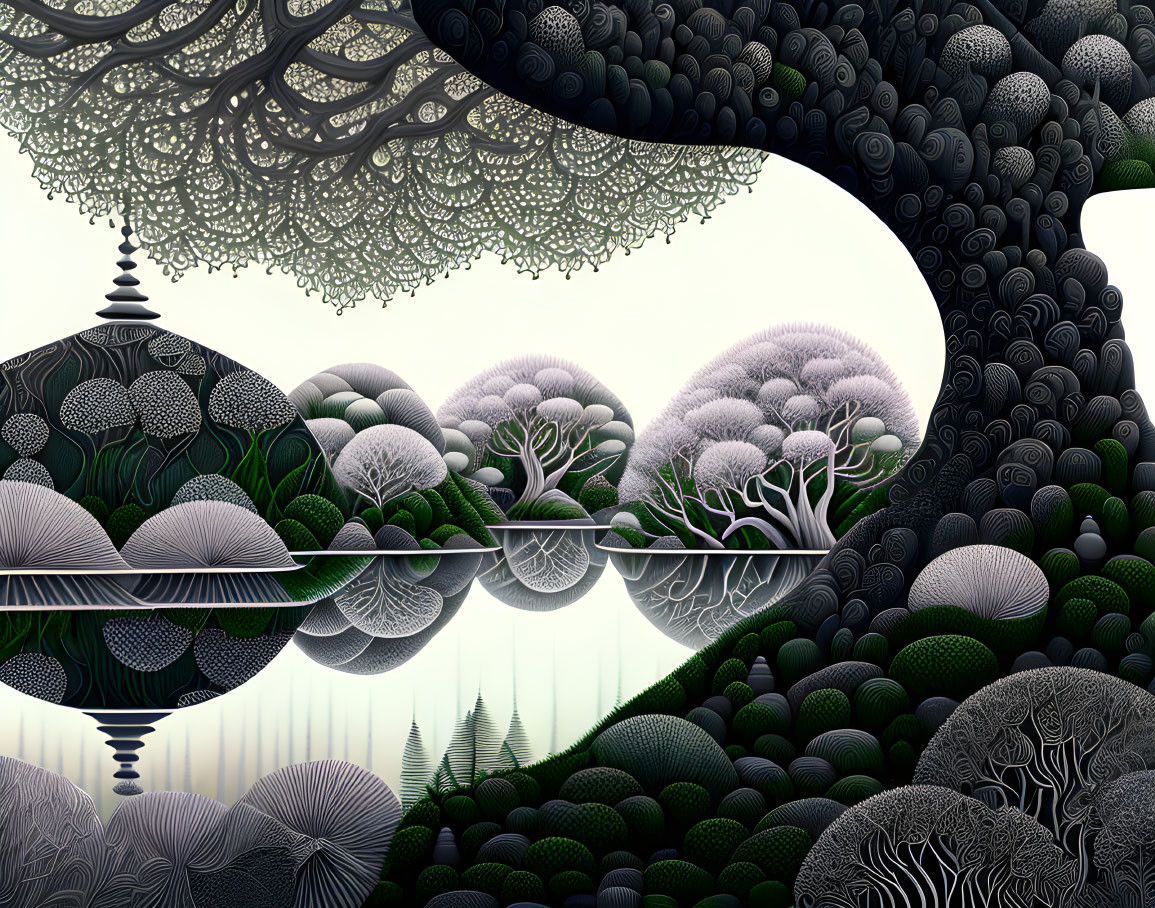 Monochromatic digital artwork of surreal landscape with intricate tree-like structures