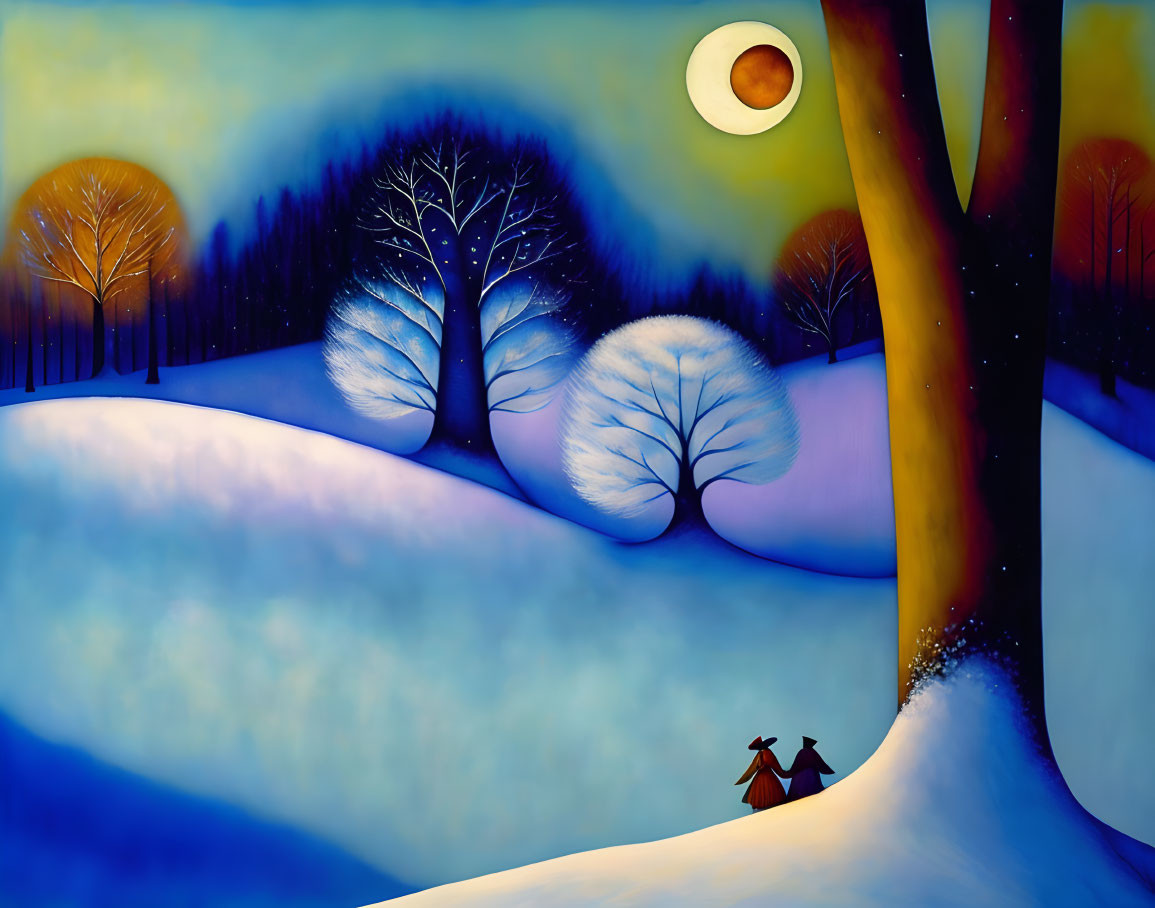 Colorful Winter Night Landscape with Couple, Crescent Moon, and Trees