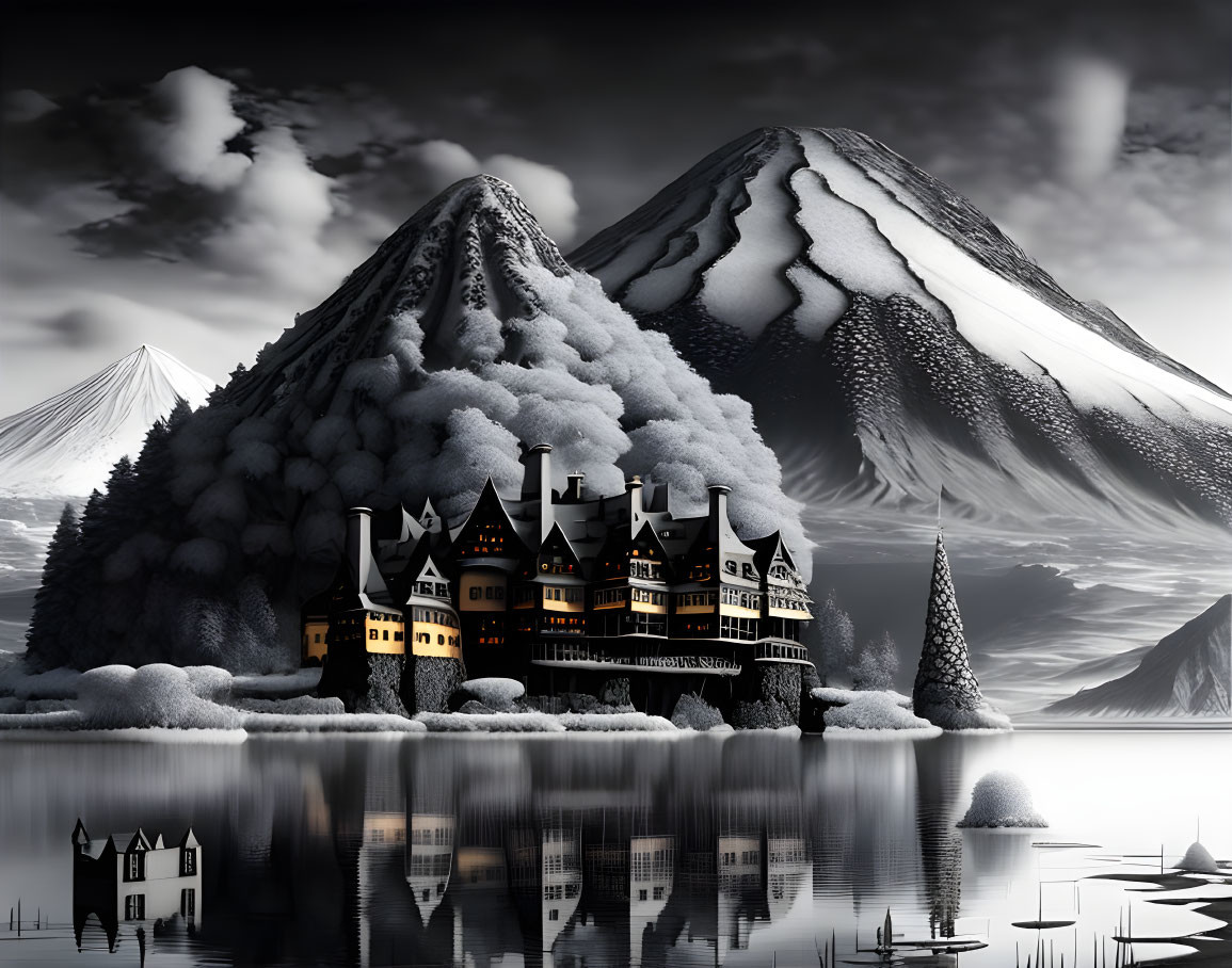 Monochrome image of snow-capped mountain range with gothic castle and lake