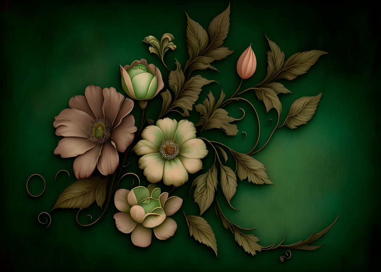 Stylized flowers in muted tones on dark green background