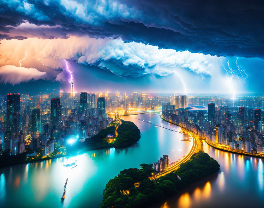 Dramatic night cityscape with stormy sky and lightning bolts