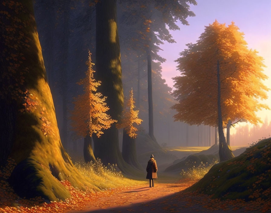 Person standing on forest path surrounded by golden autumn trees.