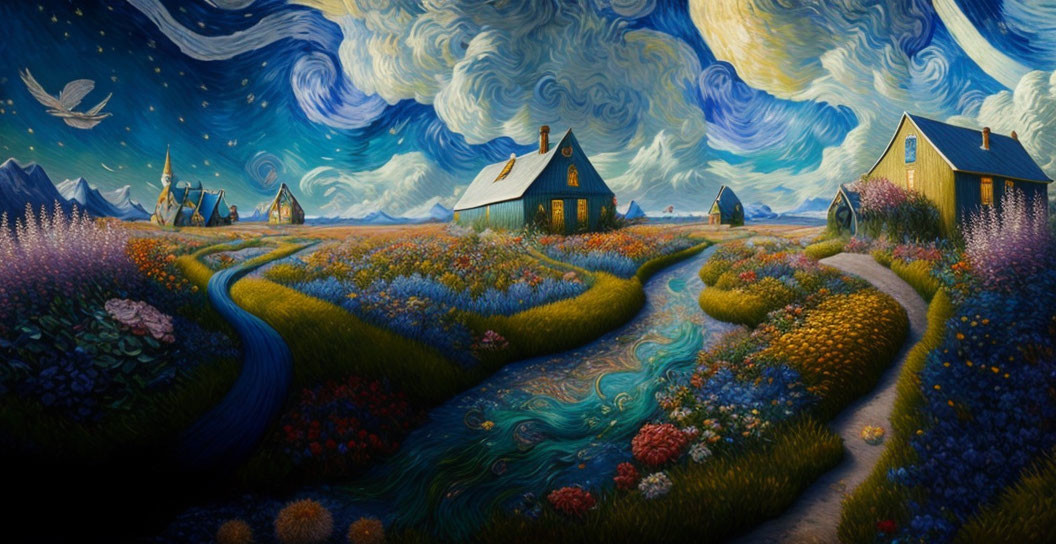 Vivid painting of pastoral landscape with swirling skies and colorful flora