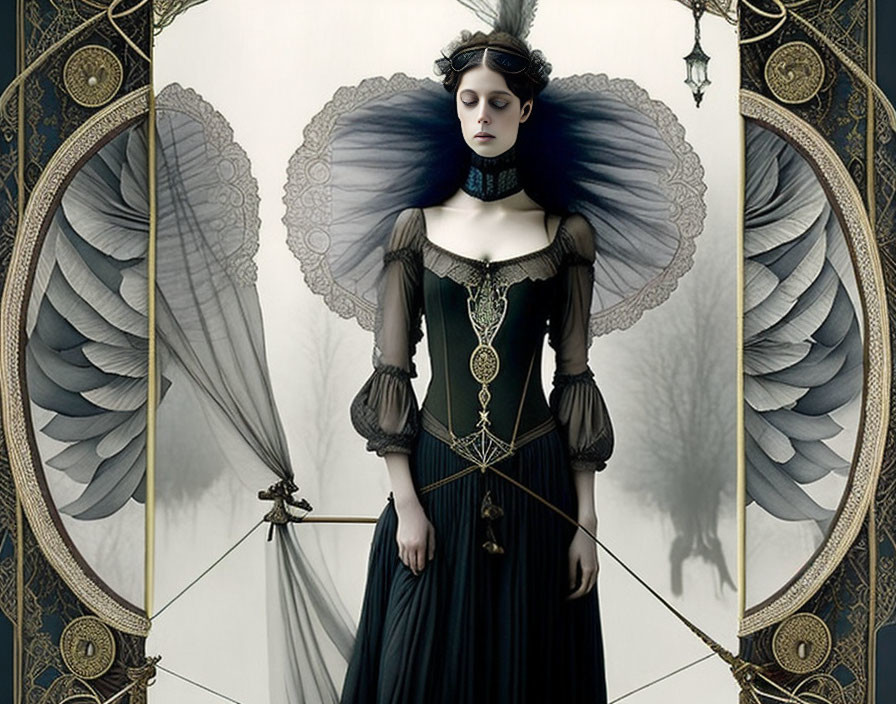 Gothic portrait of woman in black dress with wings and choker