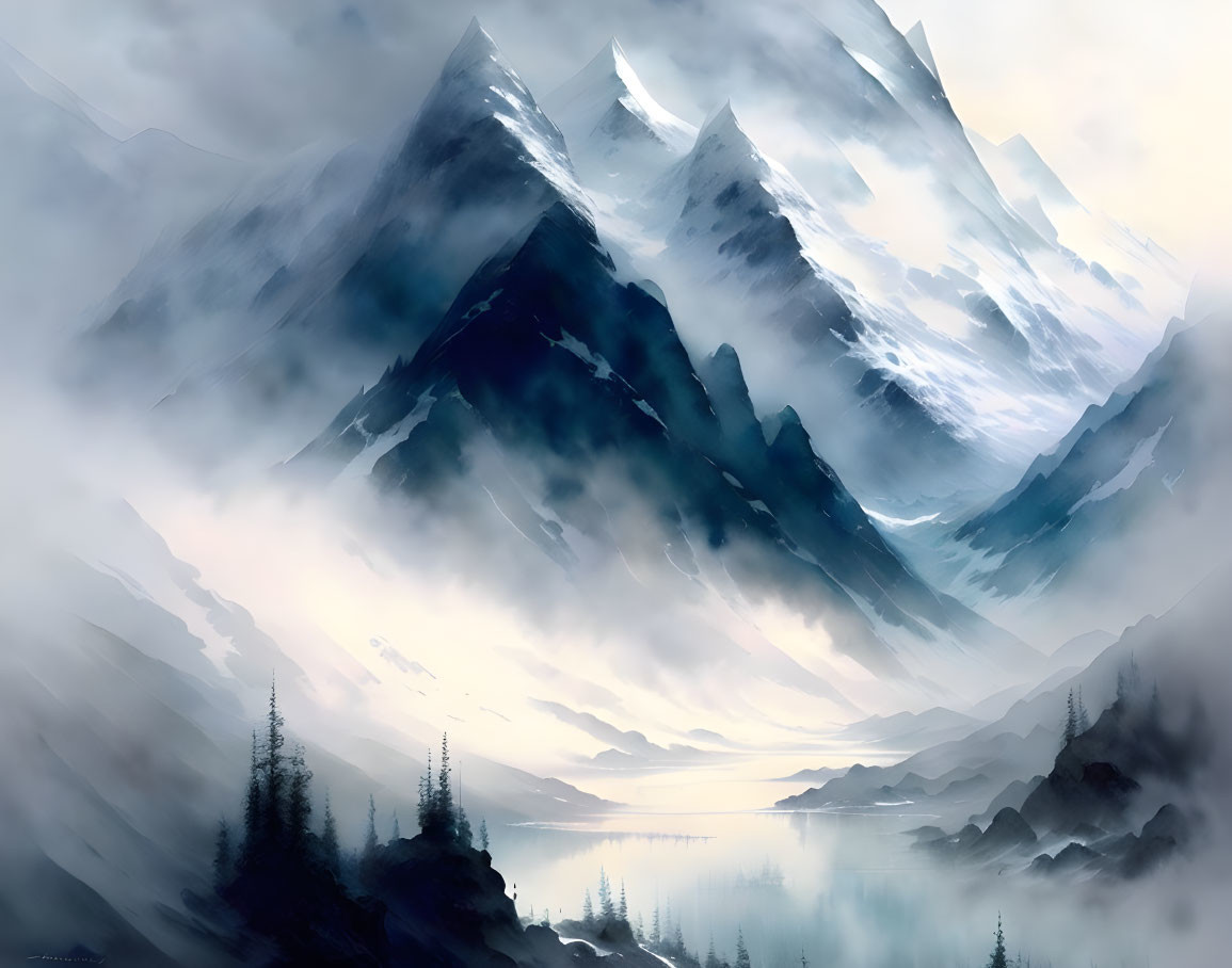 Snow-capped mountains, misty lake, pine trees, and hazy sky landscape.