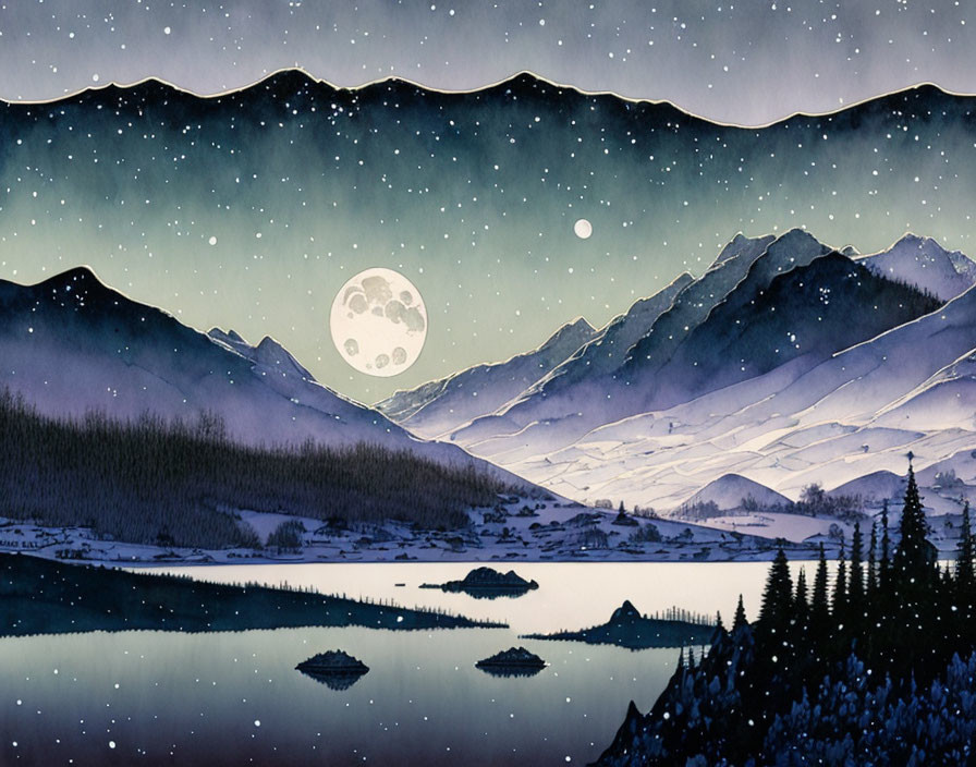 Full Moon Reflecting on Calm Lake in Snowy Mountain Night Landscape