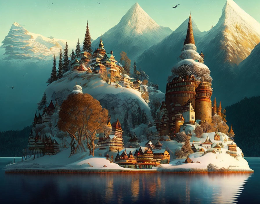 Snowy village by lake with castle, mountains, and sunset glow