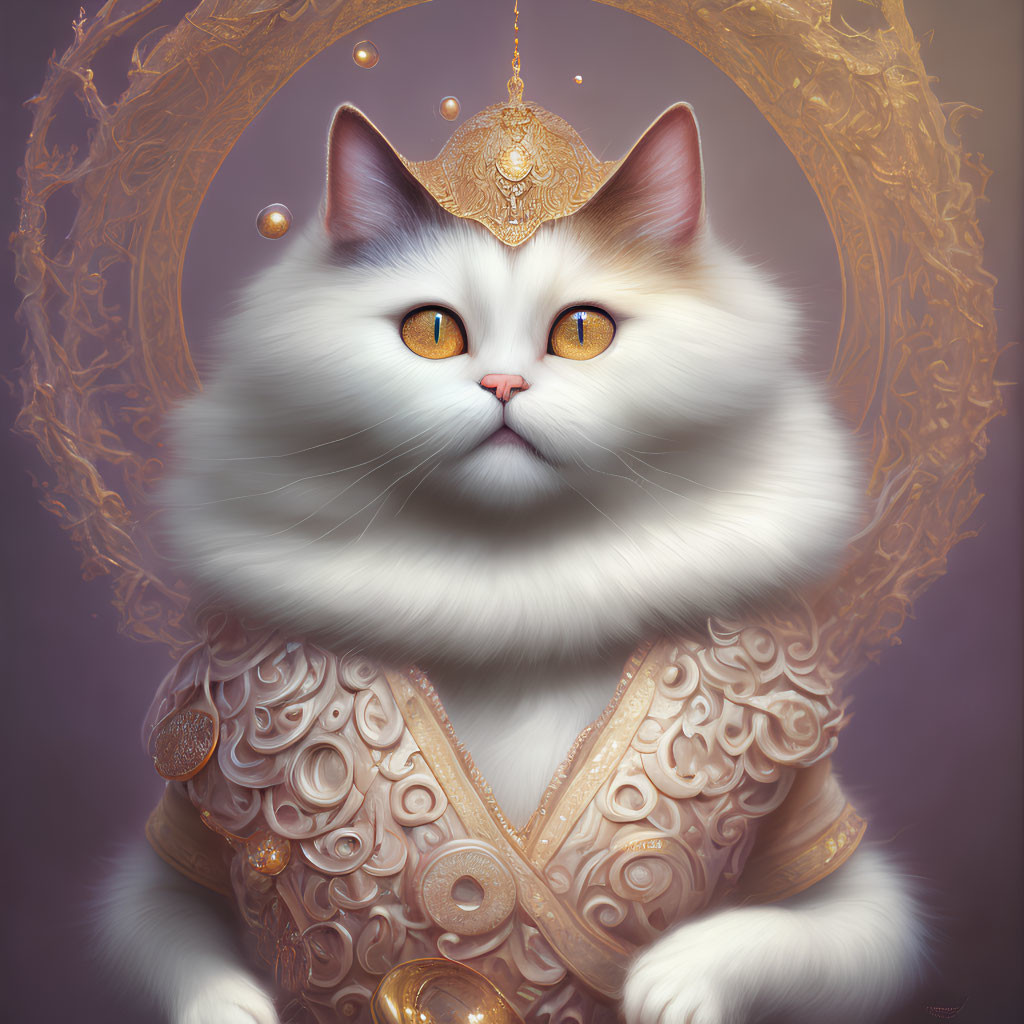 Fluffy White Cat in Gold Warrior Attire with Amber Eyes