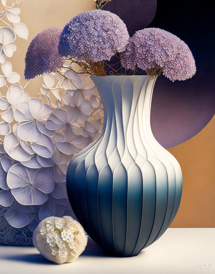 Textured painting of large blue-striped vase with purple flowers on pastel circles backdrop